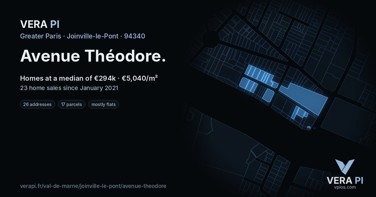Avenue Théodore, Joinville-le-Pont at night – every parcel coloured by the prices around it, the street's own parcels lit