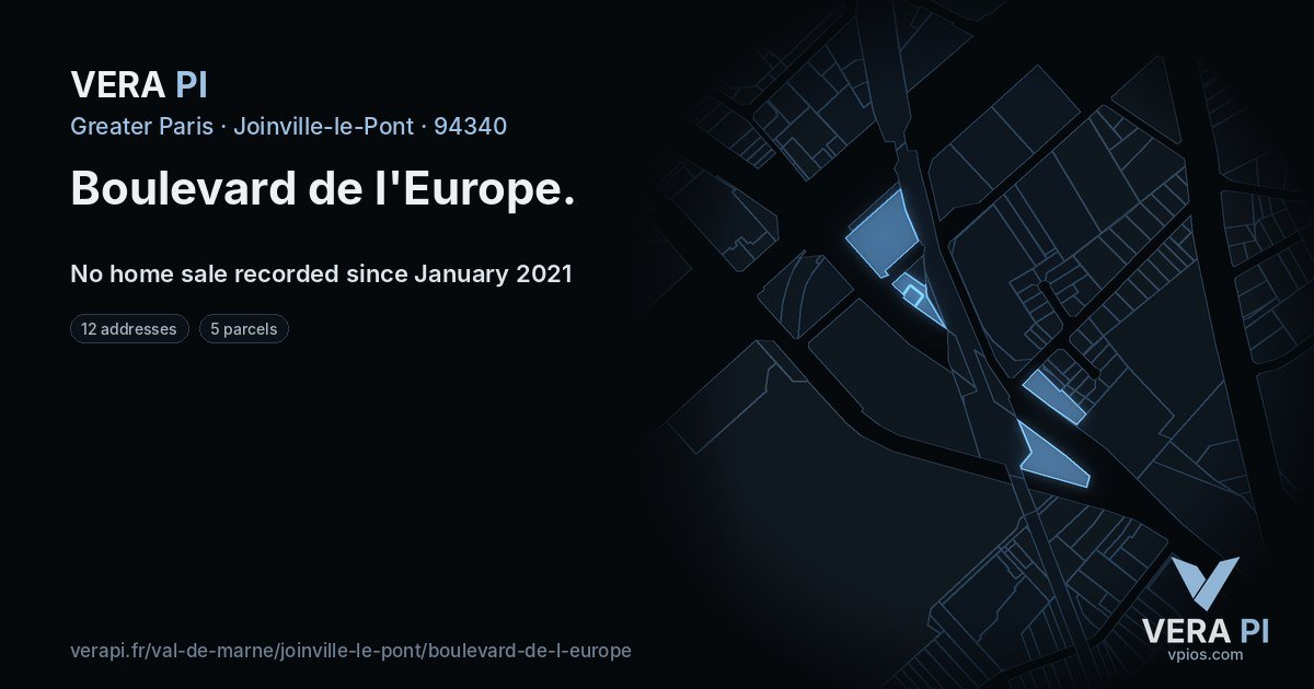 Boulevard de l'Europe, Joinville-le-Pont at night – every parcel coloured by the prices around it, the street's own parcels lit