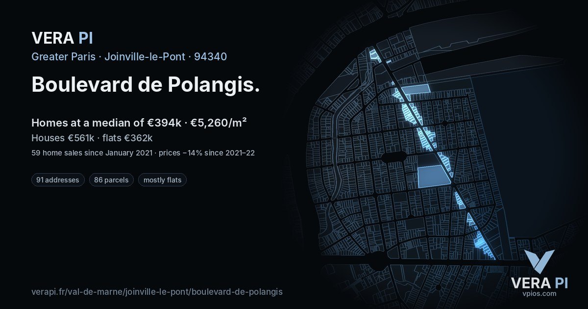 Boulevard de Polangis, Joinville-le-Pont at night – every parcel coloured by the prices around it, the street's own parcels lit