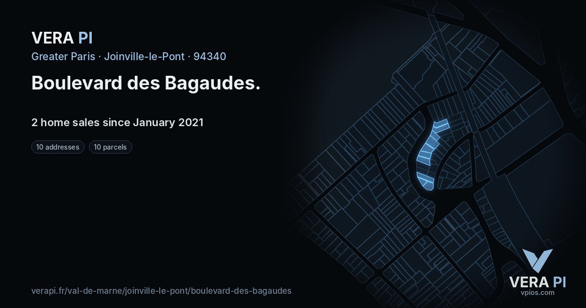 Boulevard des Bagaudes, Joinville-le-Pont at night – every parcel coloured by the prices around it, the street's own parcels lit