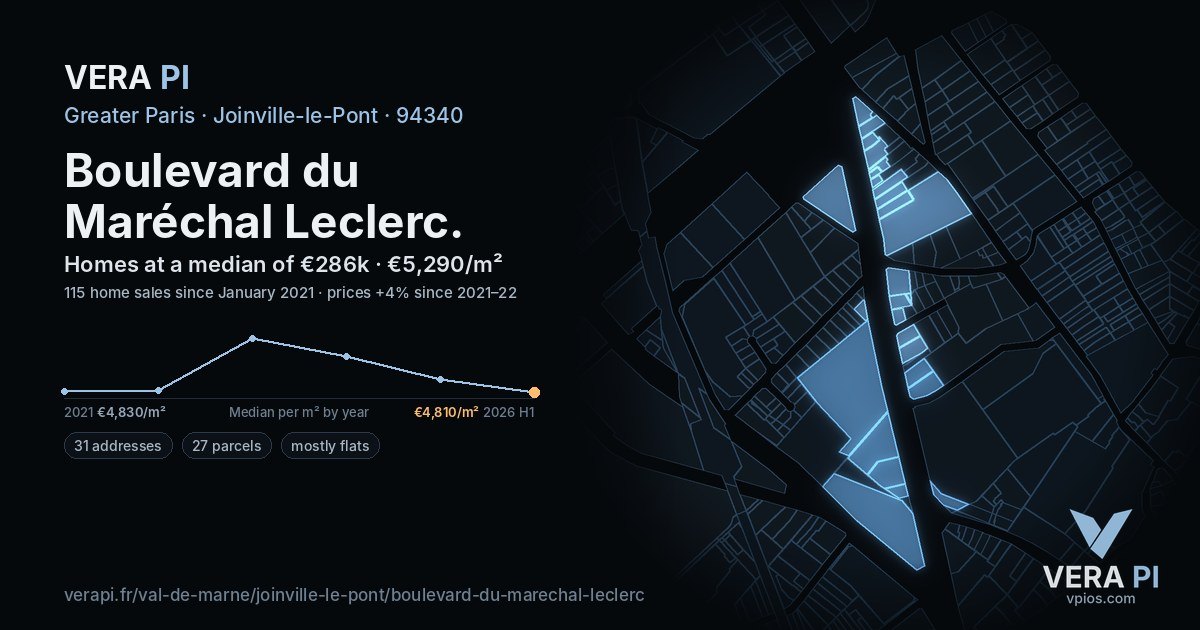 Boulevard du Maréchal Leclerc, Joinville-le-Pont at night – every parcel coloured by the prices around it, the street's own parcels lit