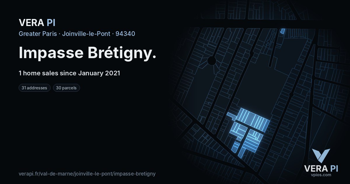 Impasse Brétigny, Joinville-le-Pont at night – every parcel coloured by the prices around it, the street's own parcels lit