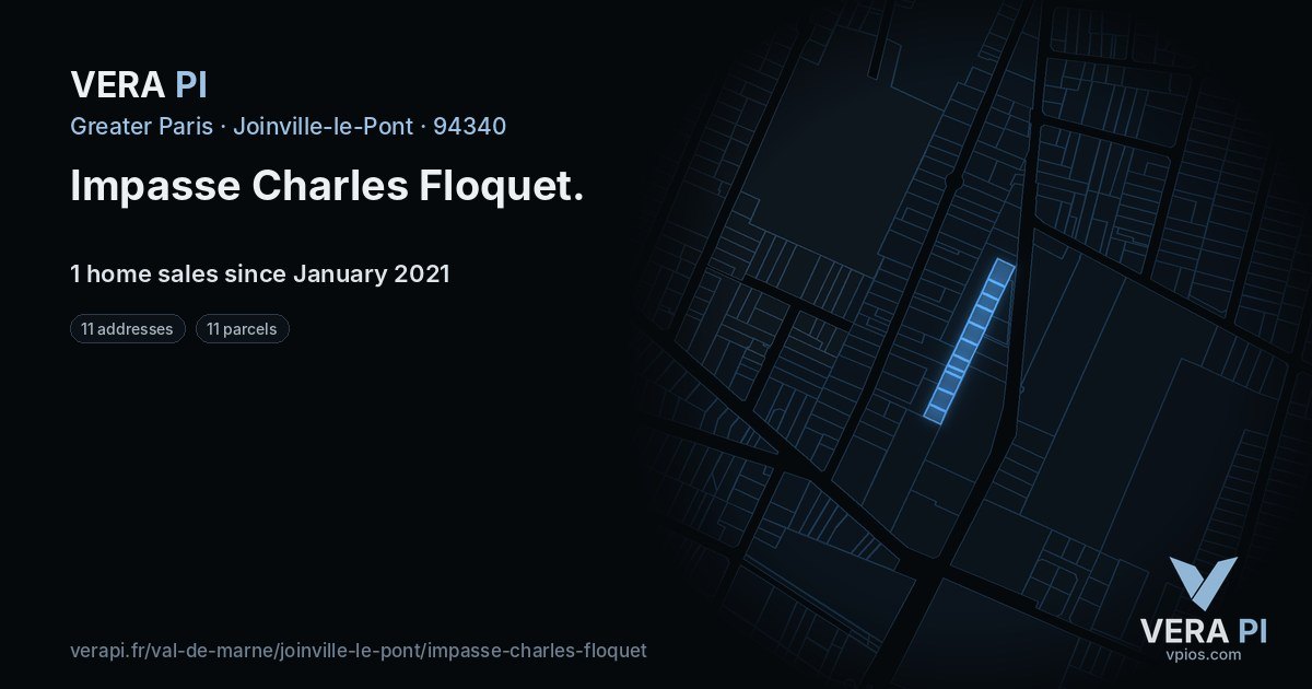 Impasse Charles Floquet, Joinville-le-Pont at night – every parcel coloured by the prices around it, the street's own parcels lit