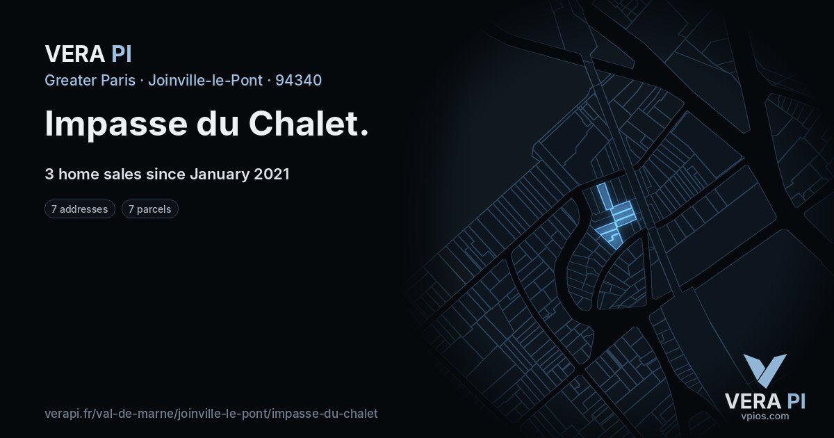 Impasse du Chalet, Joinville-le-Pont at night – every parcel coloured by the prices around it, the street's own parcels lit