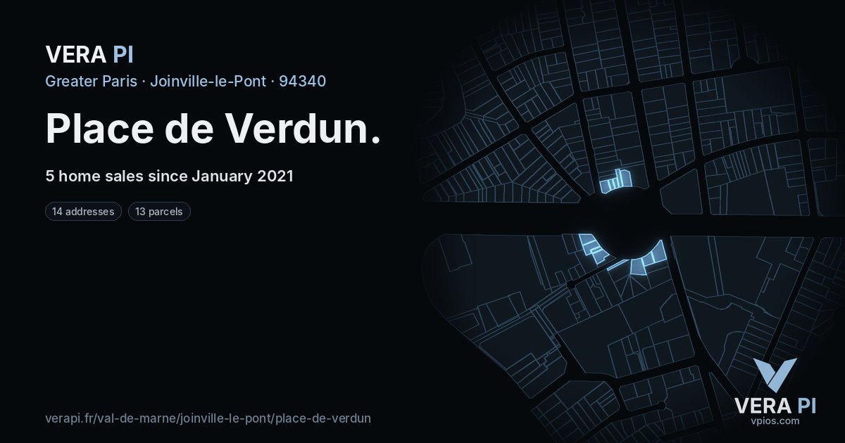 Place de Verdun, Joinville-le-Pont at night – every parcel coloured by the prices around it, the street's own parcels lit