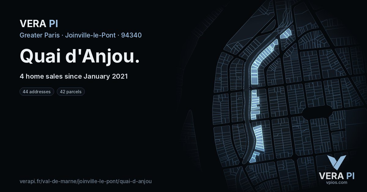 Quai d'Anjou, Joinville-le-Pont at night – every parcel coloured by the prices around it, the street's own parcels lit
