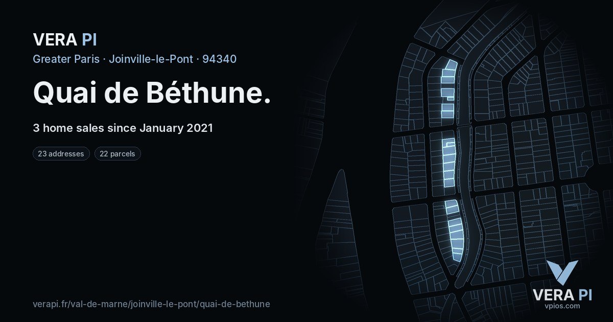 Quai de Béthune, Joinville-le-Pont at night – every parcel coloured by the prices around it, the street's own parcels lit