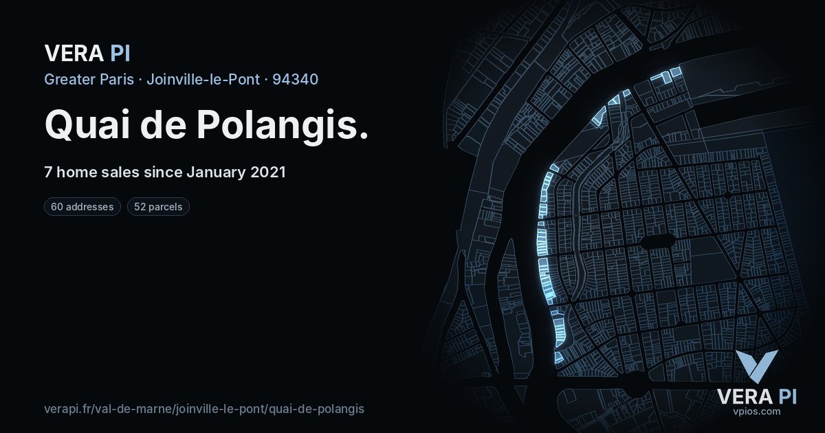 Quai de Polangis, Joinville-le-Pont at night – every parcel coloured by the prices around it, the street's own parcels lit