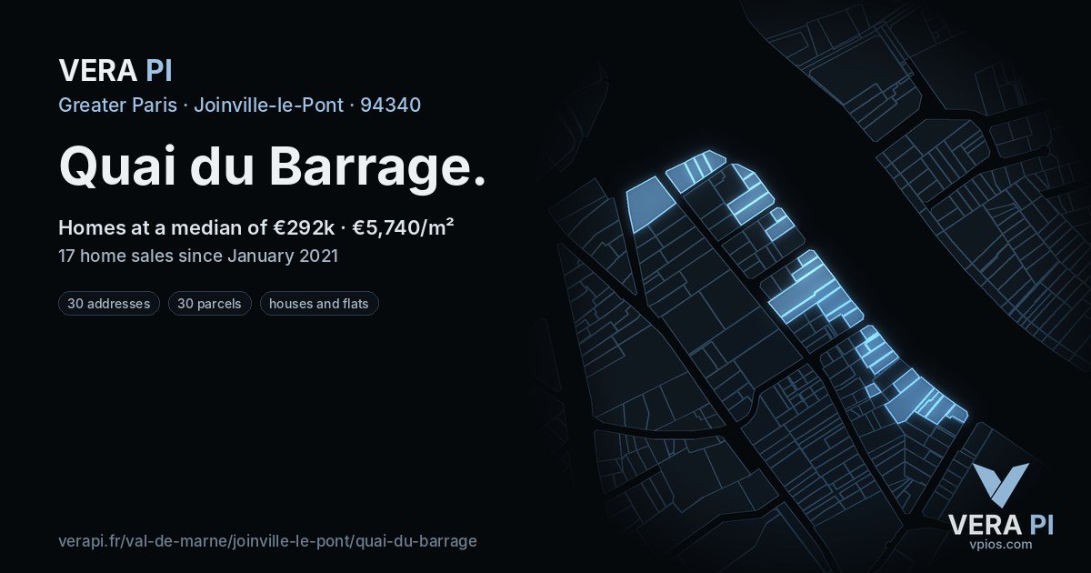 Quai du Barrage, Joinville-le-Pont at night – every parcel coloured by the prices around it, the street's own parcels lit