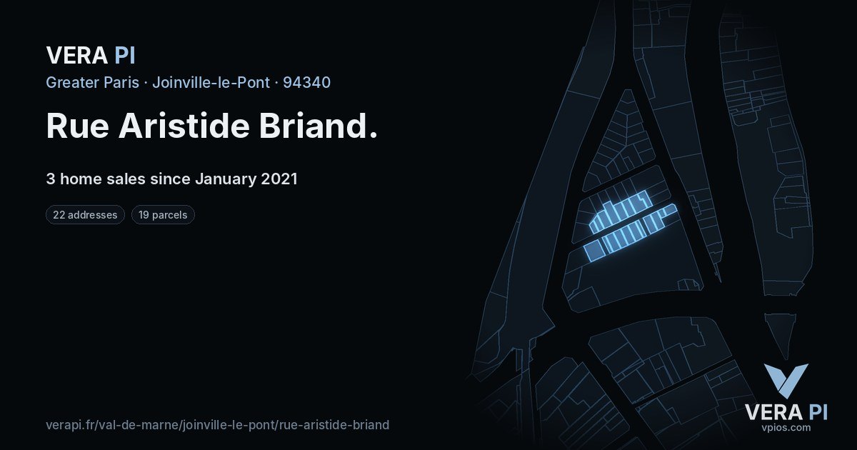 Rue Aristide Briand, Joinville-le-Pont at night – every parcel coloured by the prices around it, the street's own parcels lit