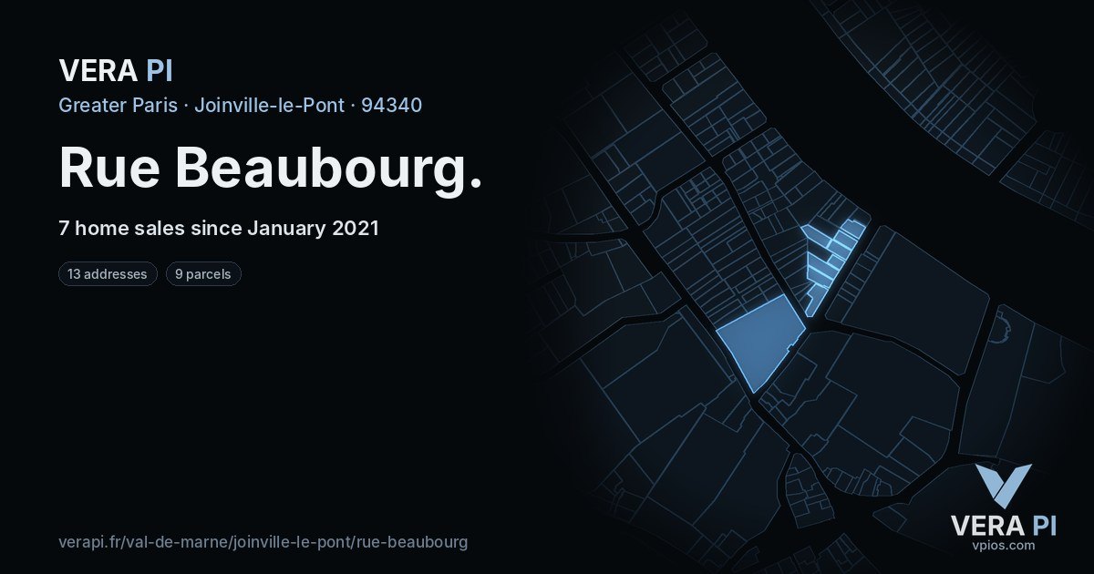 Rue Beaubourg, Joinville-le-Pont at night – every parcel coloured by the prices around it, the street's own parcels lit