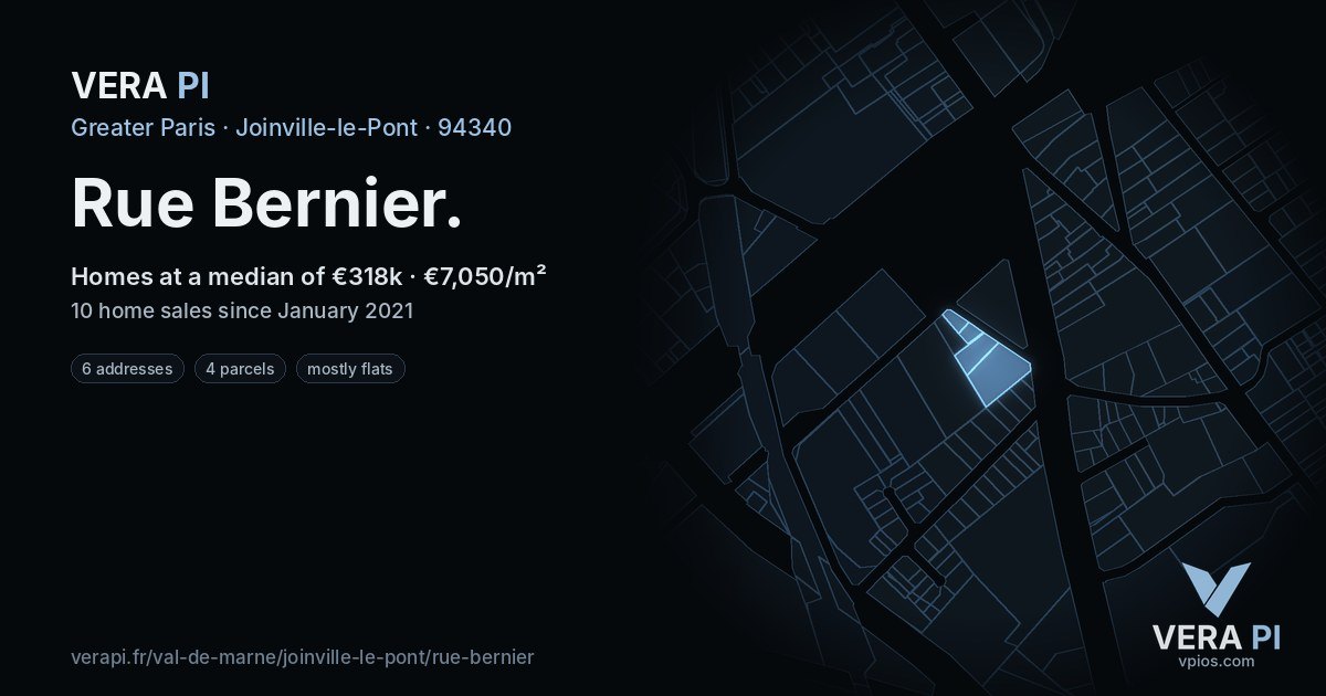Rue Bernier, Joinville-le-Pont at night – every parcel coloured by the prices around it, the street's own parcels lit