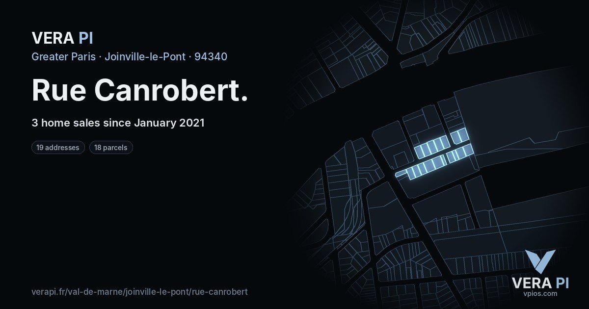 Rue Canrobert, Joinville-le-Pont at night – every parcel coloured by the prices around it, the street's own parcels lit