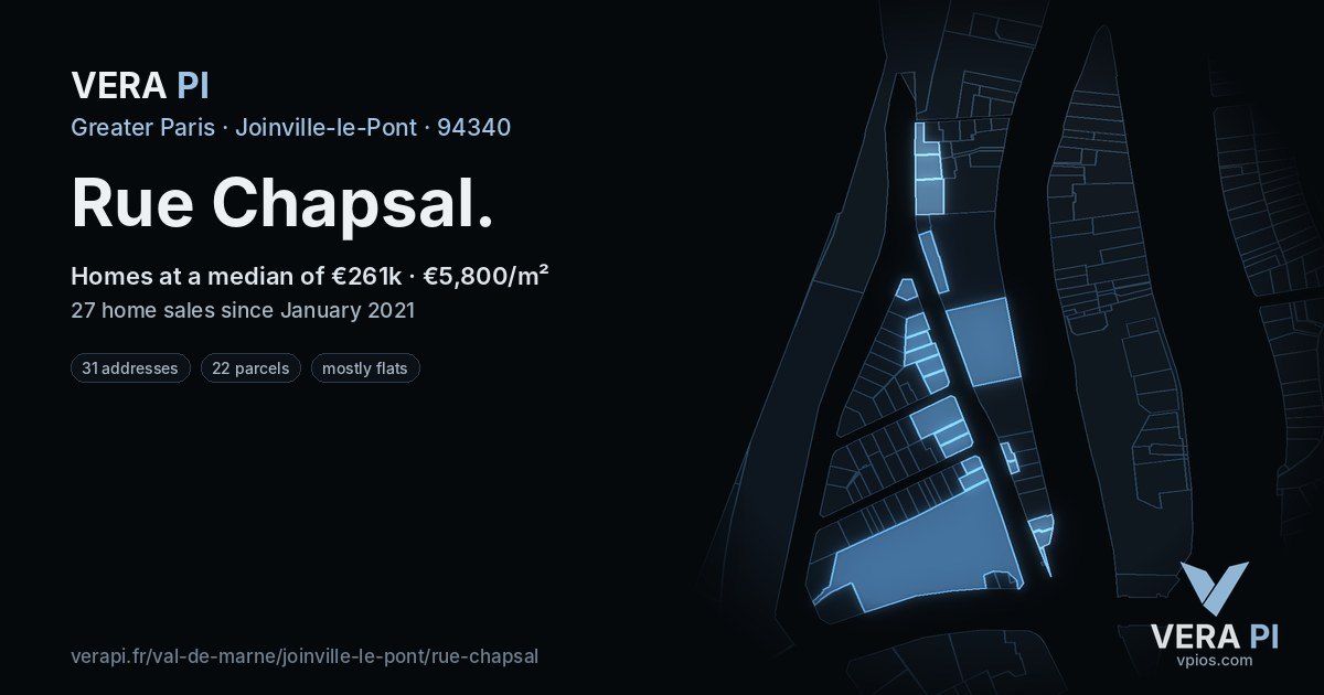 Rue Chapsal, Joinville-le-Pont at night – every parcel coloured by the prices around it, the street's own parcels lit