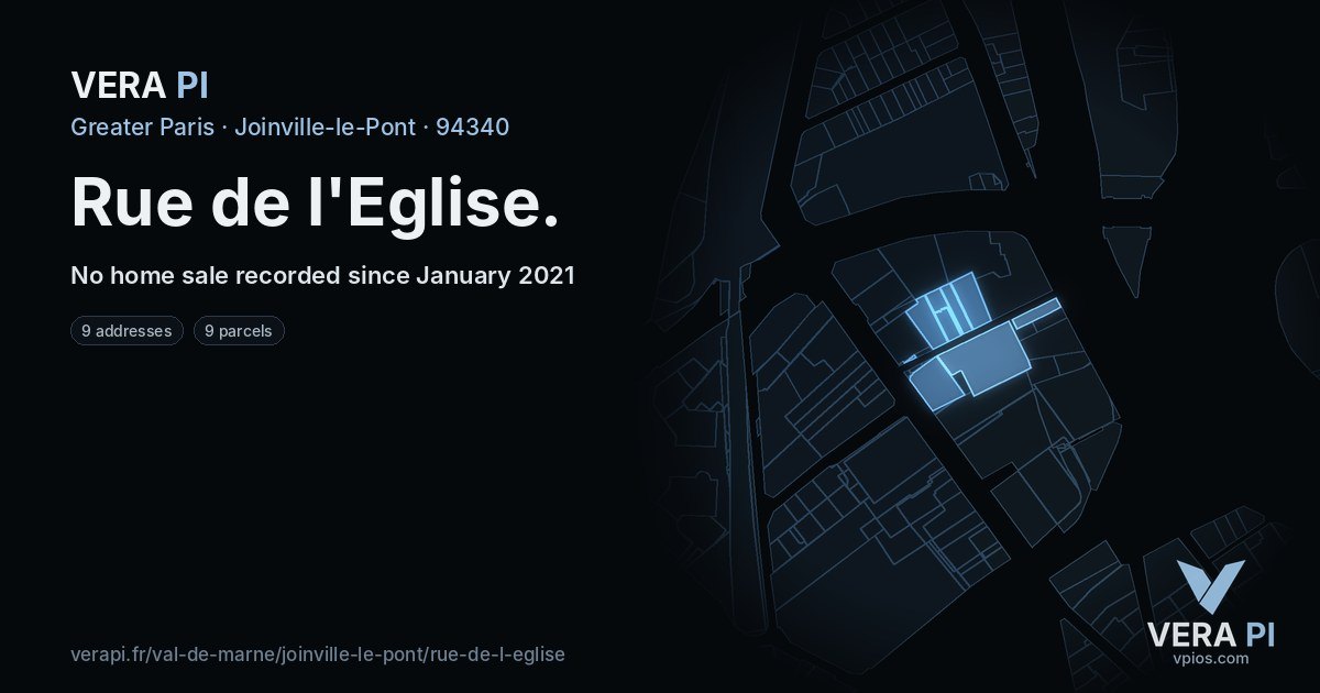 Rue de l'Eglise, Joinville-le-Pont at night – every parcel coloured by the prices around it, the street's own parcels lit