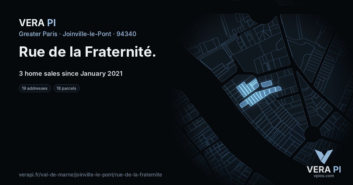 Rue de la Fraternité, Joinville-le-Pont at night – every parcel coloured by the prices around it, the street's own parcels lit