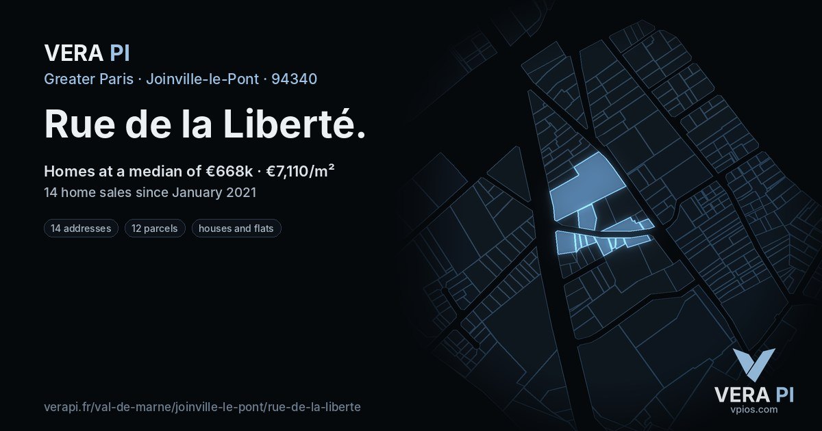 Rue de la Liberté, Joinville-le-Pont at night – every parcel coloured by the prices around it, the street's own parcels lit