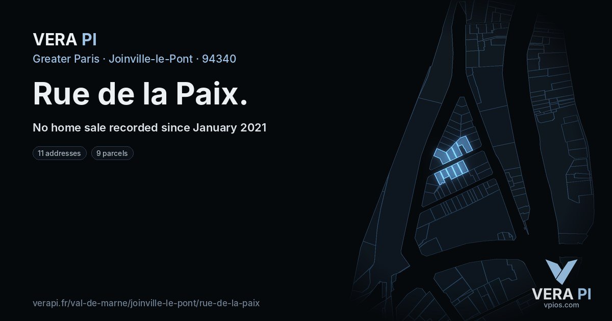 Rue de la Paix, Joinville-le-Pont at night – every parcel coloured by the prices around it, the street's own parcels lit