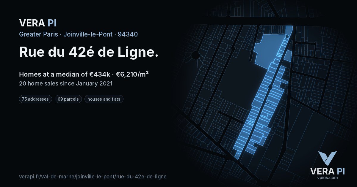Rue du 42é de Ligne, Joinville-le-Pont at night – every parcel coloured by the prices around it, the street's own parcels lit