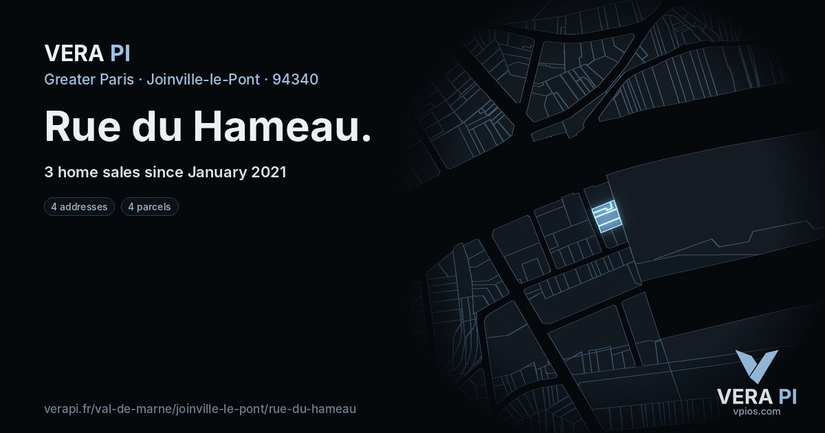 Rue du Hameau, Joinville-le-Pont at night – every parcel coloured by the prices around it, the street's own parcels lit