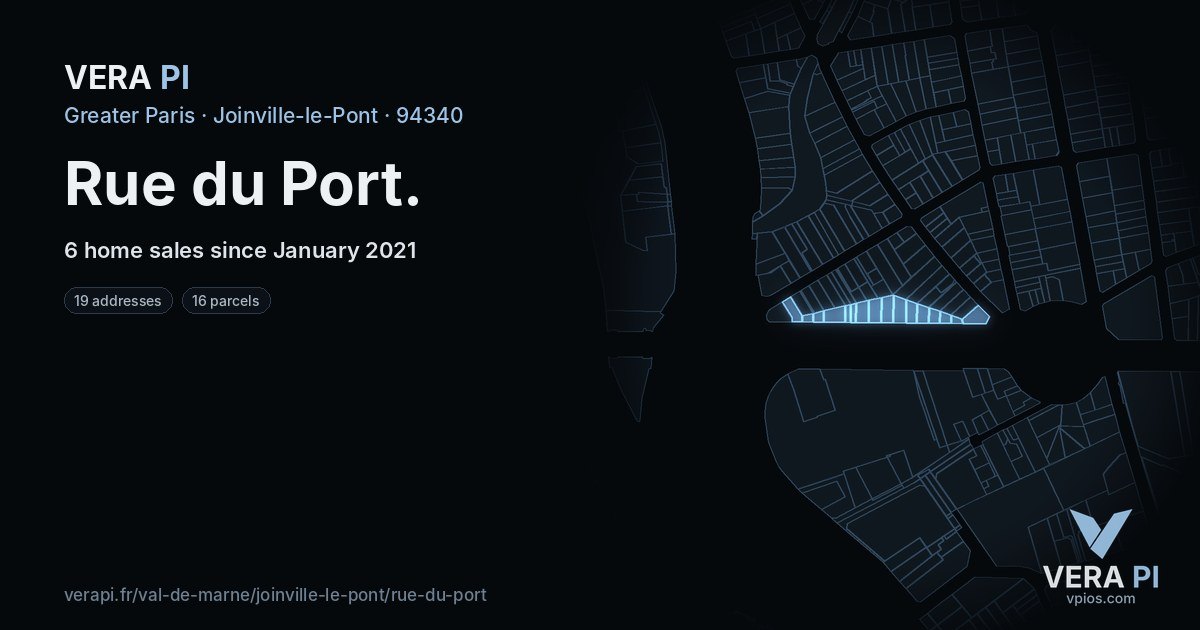 Rue du Port, Joinville-le-Pont at night – every parcel coloured by the prices around it, the street's own parcels lit