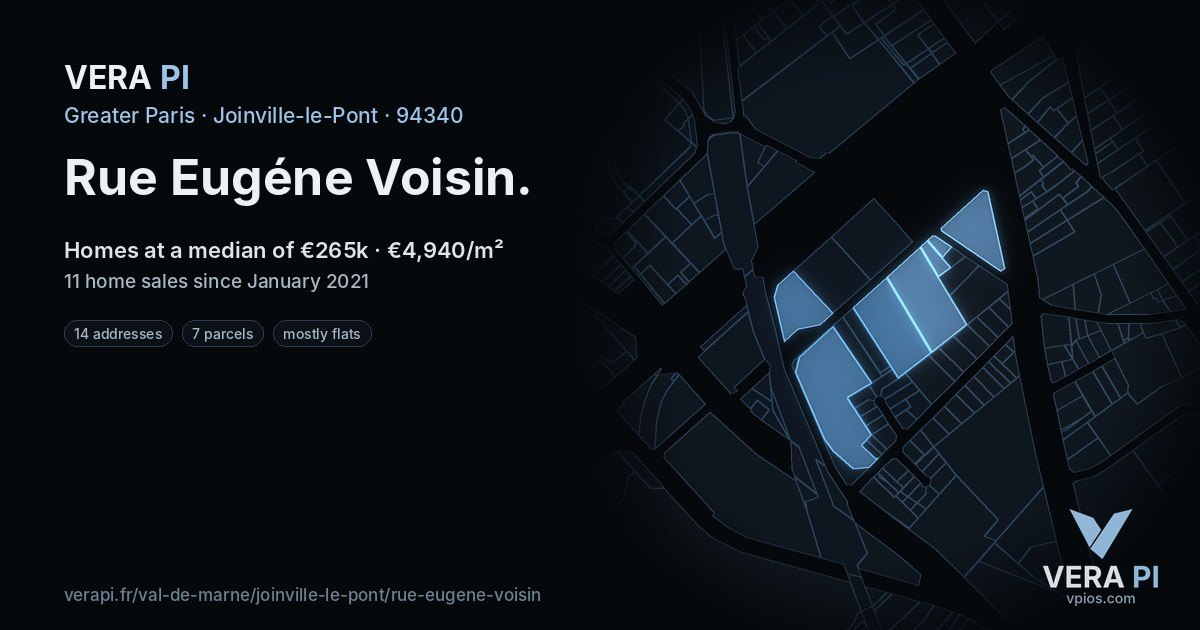 Rue Eugéne Voisin, Joinville-le-Pont at night – every parcel coloured by the prices around it, the street's own parcels lit