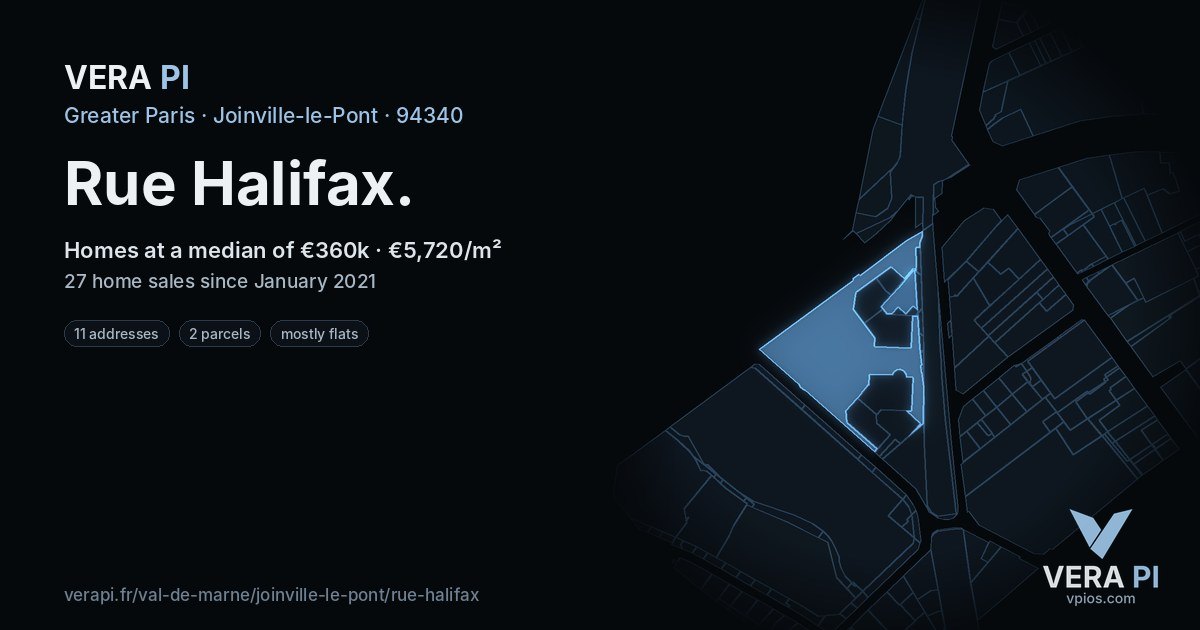 Rue Halifax, Joinville-le-Pont at night – every parcel coloured by the prices around it, the street's own parcels lit