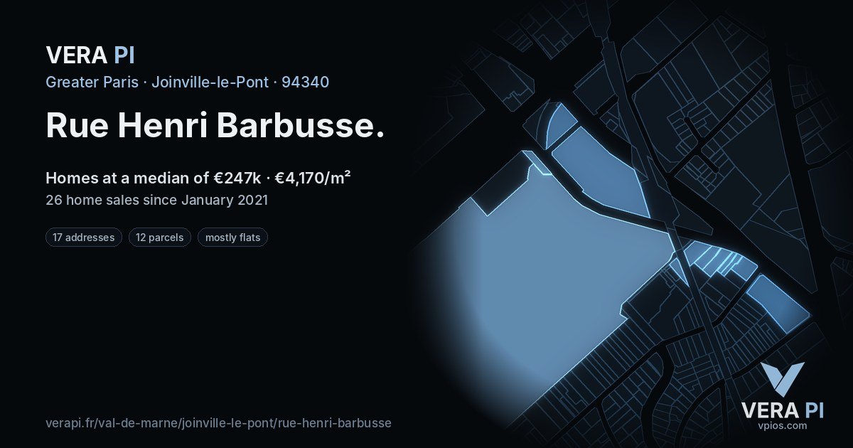 Rue Henri Barbusse, Joinville-le-Pont at night – every parcel coloured by the prices around it, the street's own parcels lit