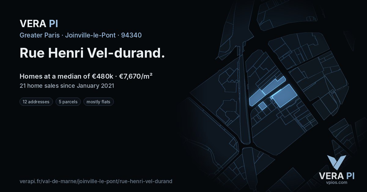 Rue Henri Vel-durand, Joinville-le-Pont at night – every parcel coloured by the prices around it, the street's own parcels lit