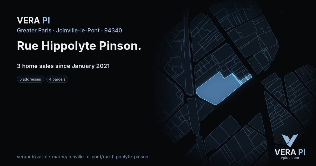 Rue Hippolyte Pinson, Joinville-le-Pont at night – every parcel coloured by the prices around it, the street's own parcels lit