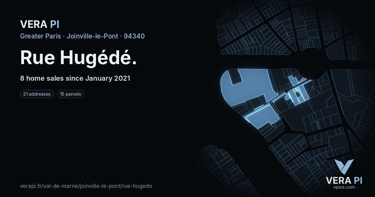 Rue Hugédé, Joinville-le-Pont at night – every parcel coloured by the prices around it, the street's own parcels lit