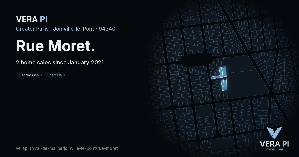 Rue Moret, Joinville-le-Pont at night – every parcel coloured by the prices around it, the street's own parcels lit