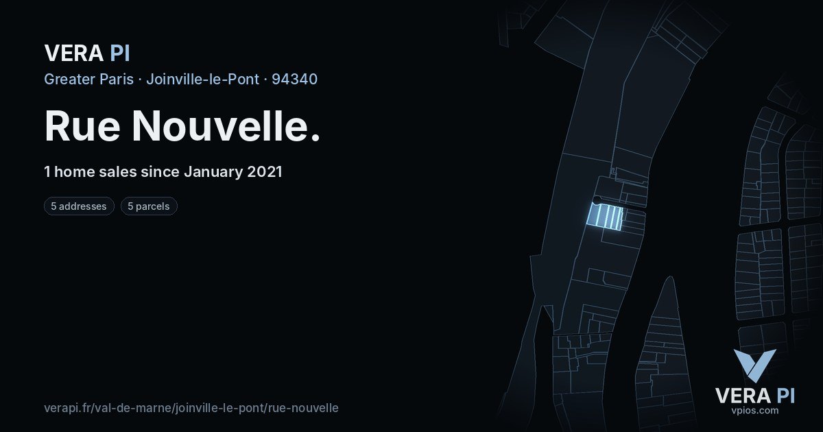 Rue Nouvelle, Joinville-le-Pont at night – every parcel coloured by the prices around it, the street's own parcels lit
