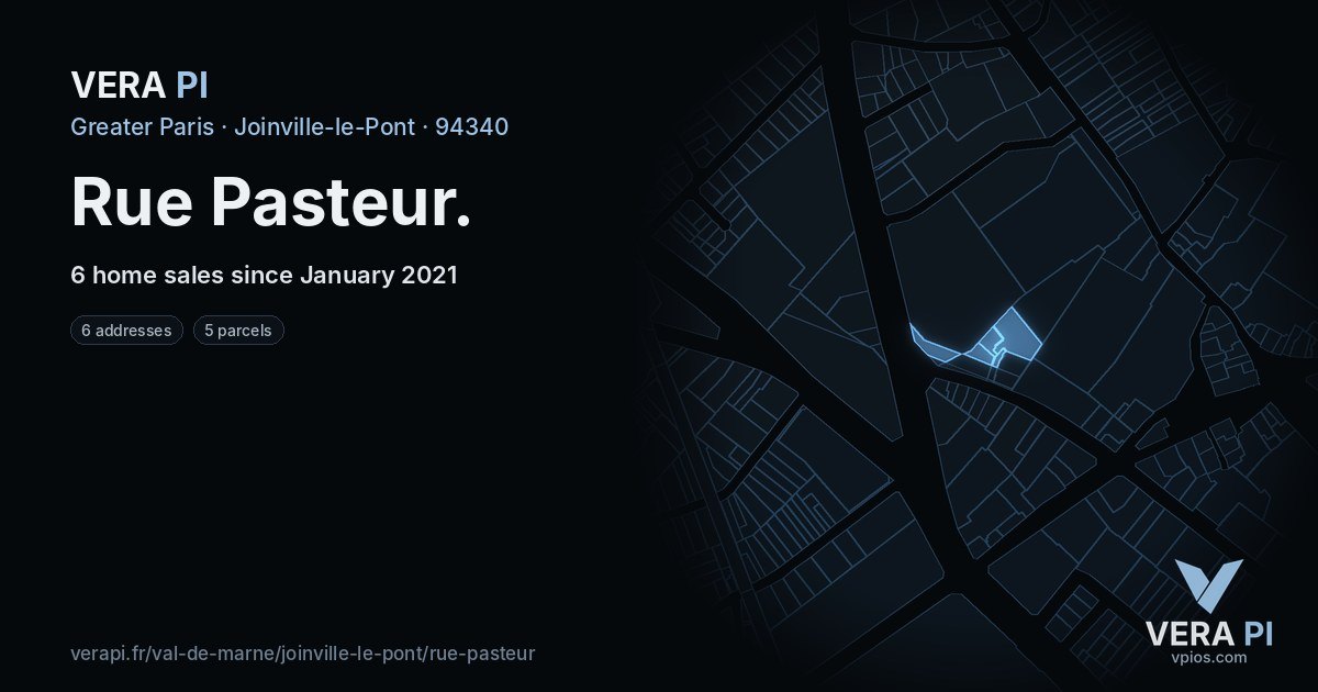 Rue Pasteur, Joinville-le-Pont at night – every parcel coloured by the prices around it, the street's own parcels lit
