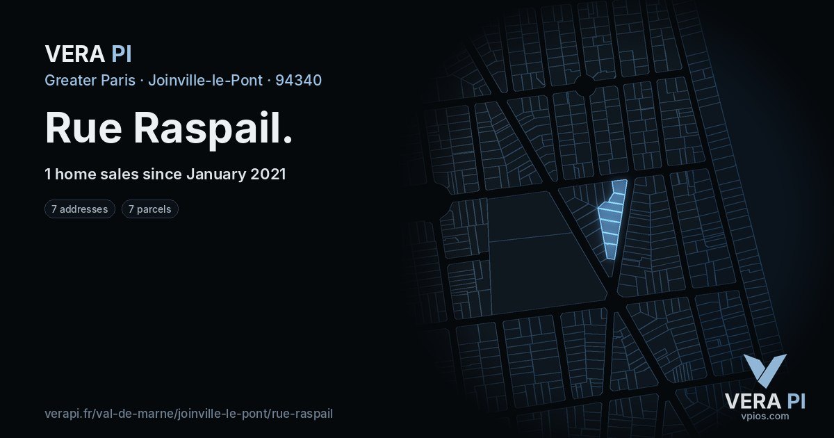 Rue Raspail, Joinville-le-Pont at night – every parcel coloured by the prices around it, the street's own parcels lit