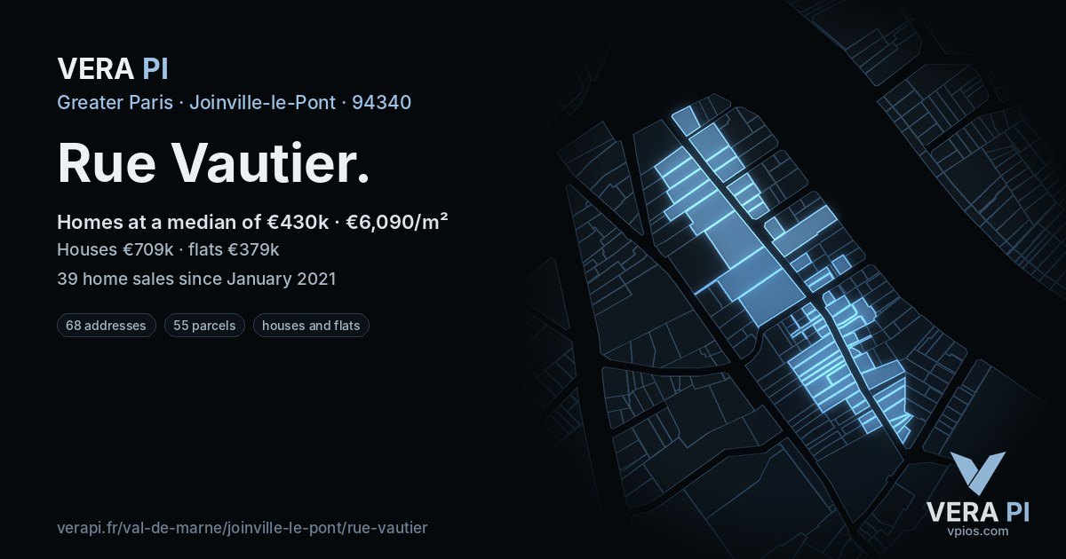 Rue Vautier, Joinville-le-Pont at night – every parcel coloured by the prices around it, the street's own parcels lit