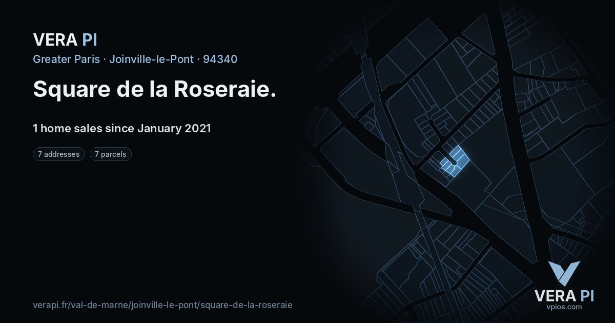 Square de la Roseraie, Joinville-le-Pont at night – every parcel coloured by the prices around it, the street's own parcels lit