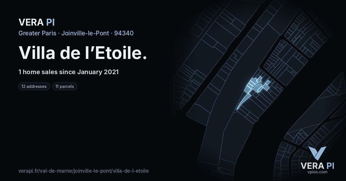 Villa de l’Etoile, Joinville-le-Pont at night – every parcel coloured by the prices around it, the street's own parcels lit