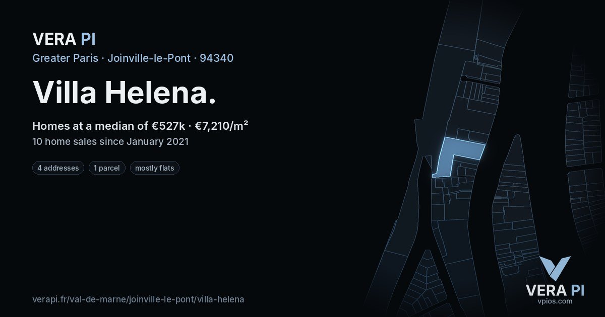 Villa Helena, Joinville-le-Pont at night – every parcel coloured by the prices around it, the street's own parcels lit