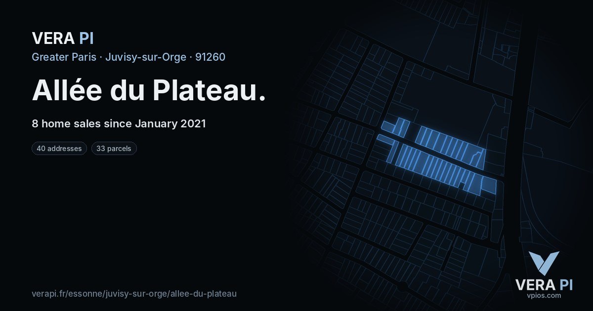 Allée du Plateau, Juvisy-sur-Orge at night – every parcel coloured by the prices around it, the street's own parcels lit