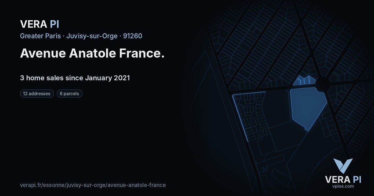 Avenue Anatole France, Juvisy-sur-Orge at night – every parcel coloured by the prices around it, the street's own parcels lit