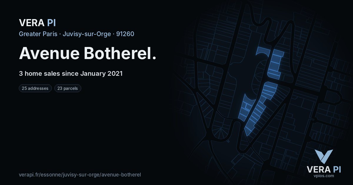 Avenue Botherel, Juvisy-sur-Orge at night – every parcel coloured by the prices around it, the street's own parcels lit