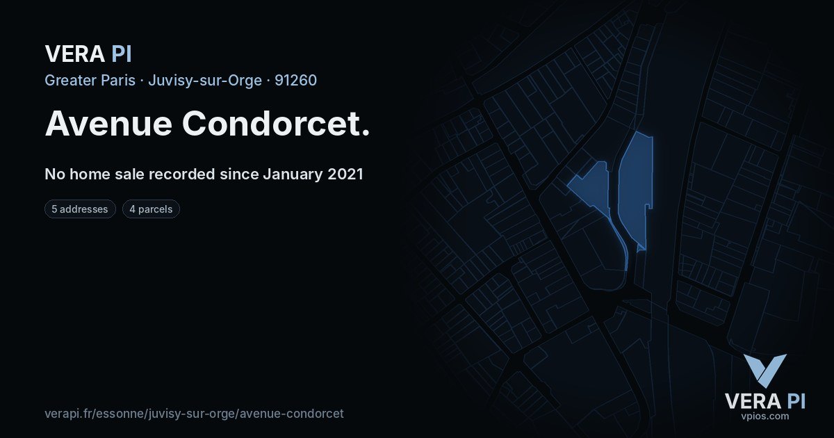 Avenue Condorcet, Juvisy-sur-Orge at night – every parcel coloured by the prices around it, the street's own parcels lit