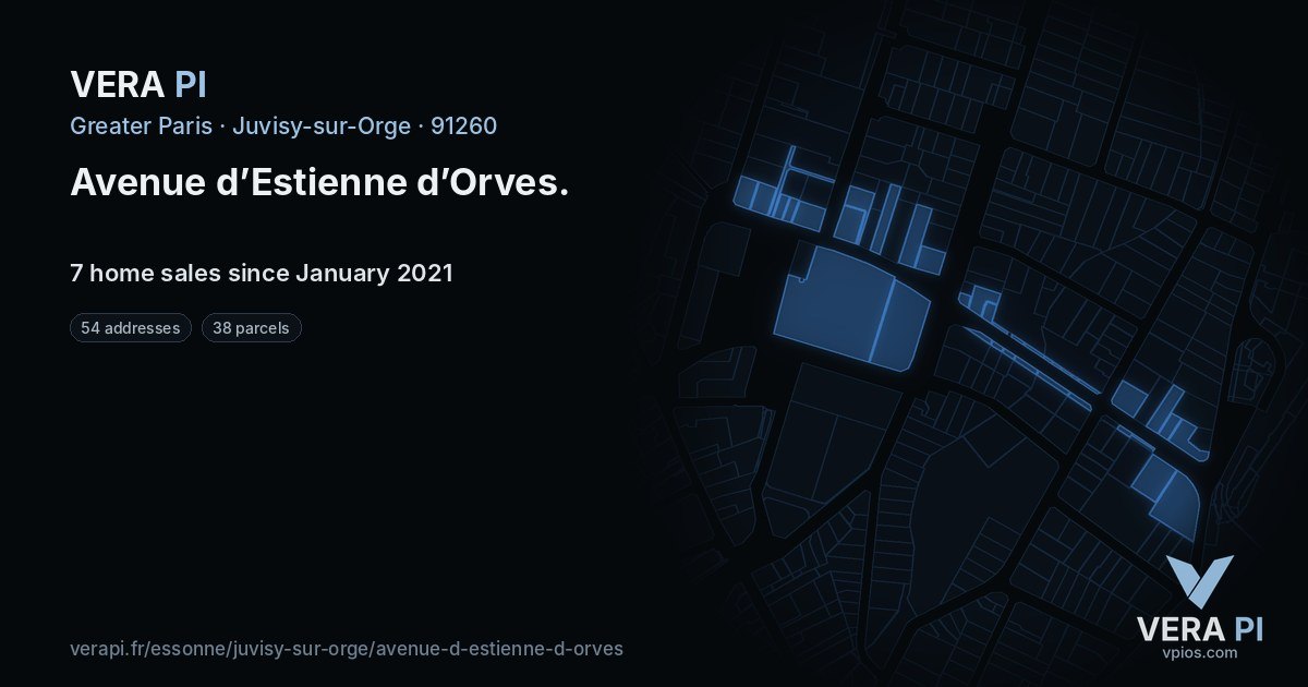 Avenue d’Estienne d’Orves, Juvisy-sur-Orge at night – every parcel coloured by the prices around it, the street's own parcels lit