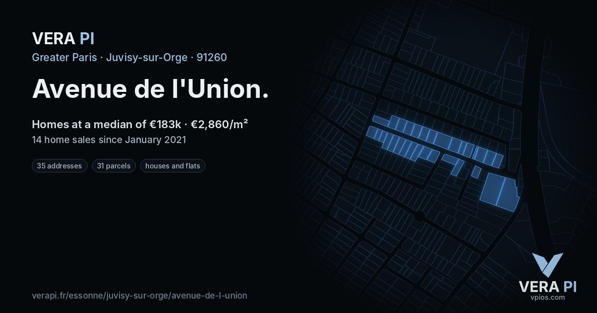 Avenue de l'Union, Juvisy-sur-Orge at night – every parcel coloured by the prices around it, the street's own parcels lit