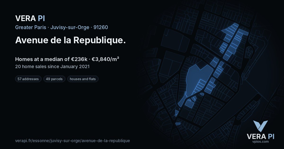 Avenue de la Republique, Juvisy-sur-Orge at night – every parcel coloured by the prices around it, the street's own parcels lit
