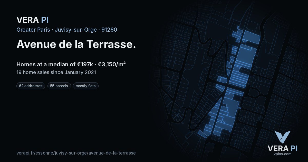 Avenue de la Terrasse, Juvisy-sur-Orge at night – every parcel coloured by the prices around it, the street's own parcels lit