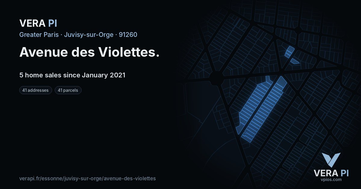 Avenue des Violettes, Juvisy-sur-Orge at night – every parcel coloured by the prices around it, the street's own parcels lit