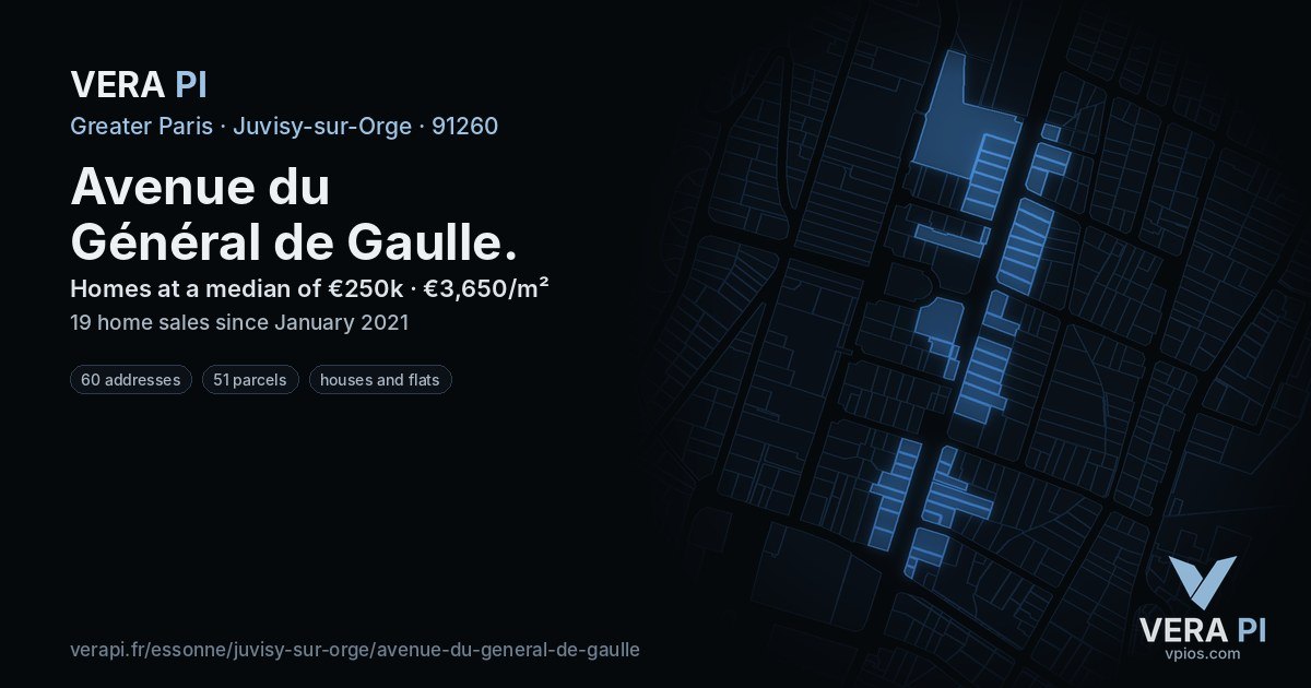 Avenue du Général de Gaulle, Juvisy-sur-Orge at night – every parcel coloured by the prices around it, the street's own parcels lit