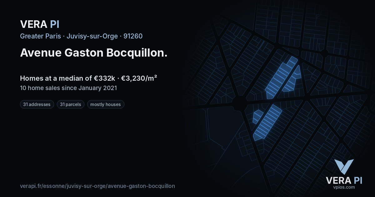 Avenue Gaston Bocquillon, Juvisy-sur-Orge at night – every parcel coloured by the prices around it, the street's own parcels lit
